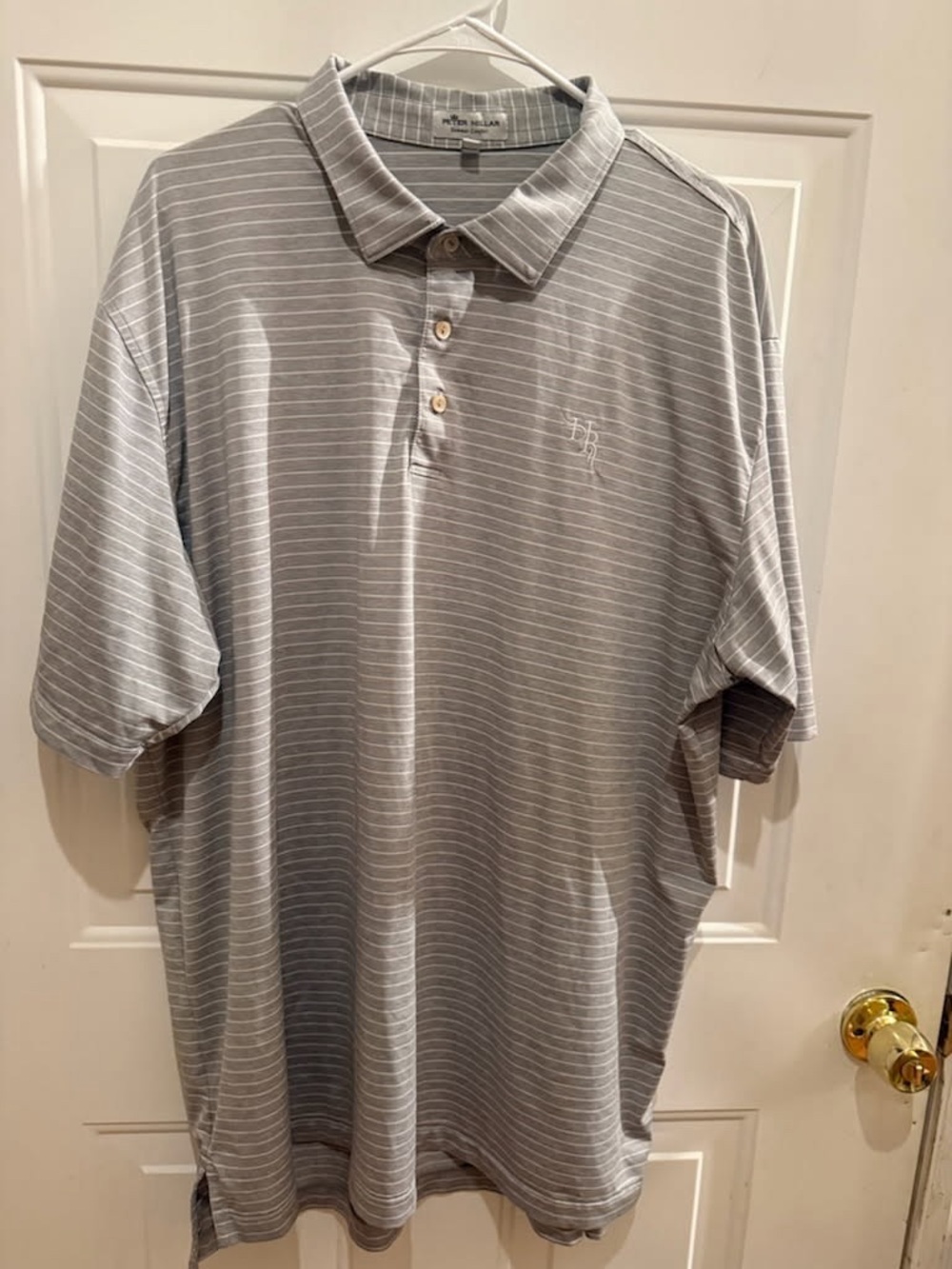 Peter Millar Gray and White Thin-Striped Performance Polo